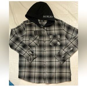 Hurley Mens L Black Gray Plaid Long Sleeve Hooded Hoodie Flannel Shirt NEW $56